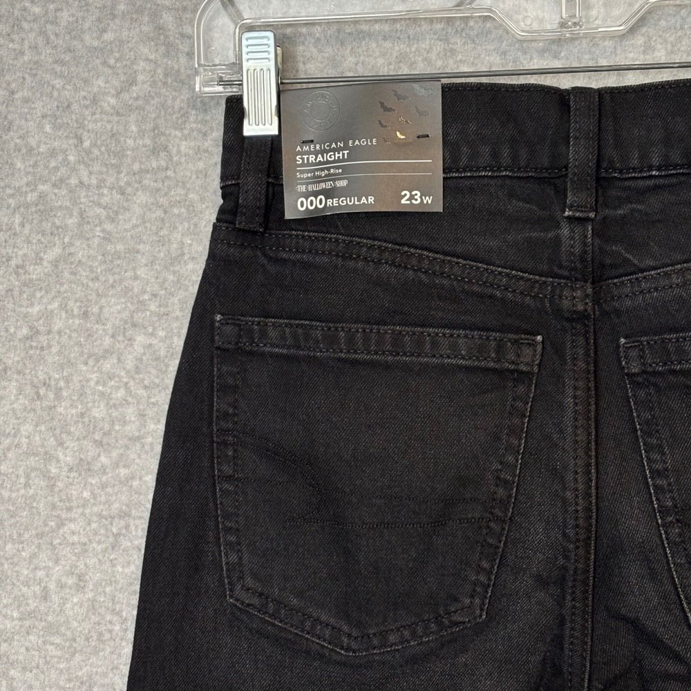 American Eagle Women's 000 Reg Black Denim Jeans‎ High-Rise Bat Embroidered Goth - Picture 10 of 11